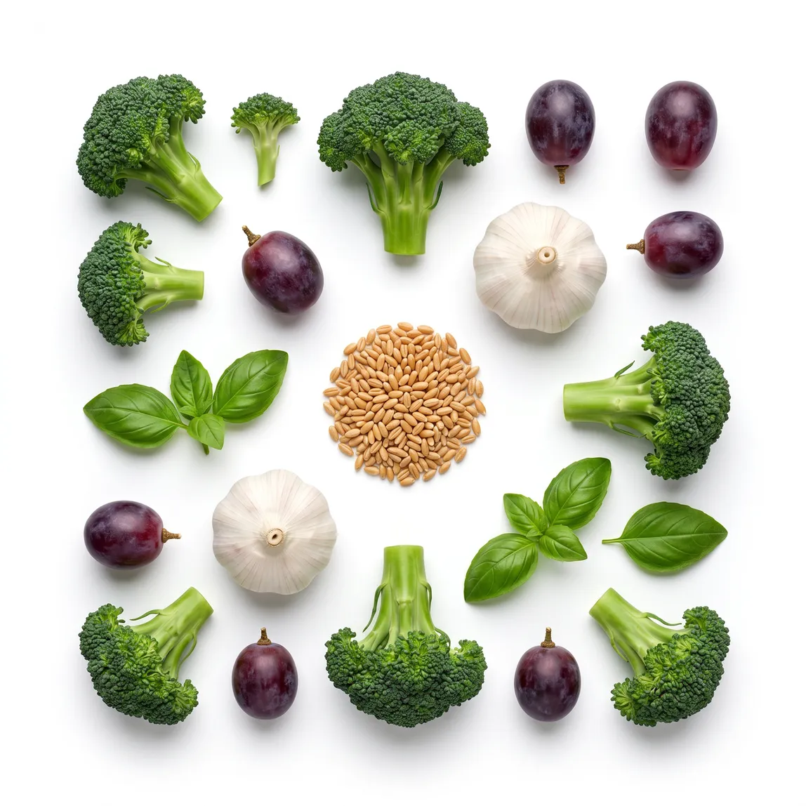 Fresh botanicals and whole foods arranged in a flat-lay: broccoli, grapes, garlic, basil and grains