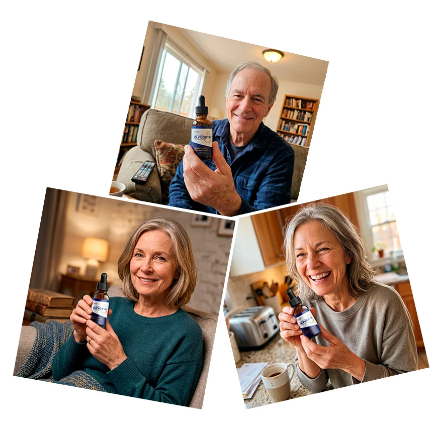 Glyvoryn customers holding their liquid-drop bottles at home