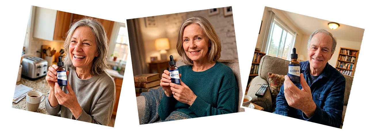 Glyvoryn customers holding their liquid-drop bottles at home
