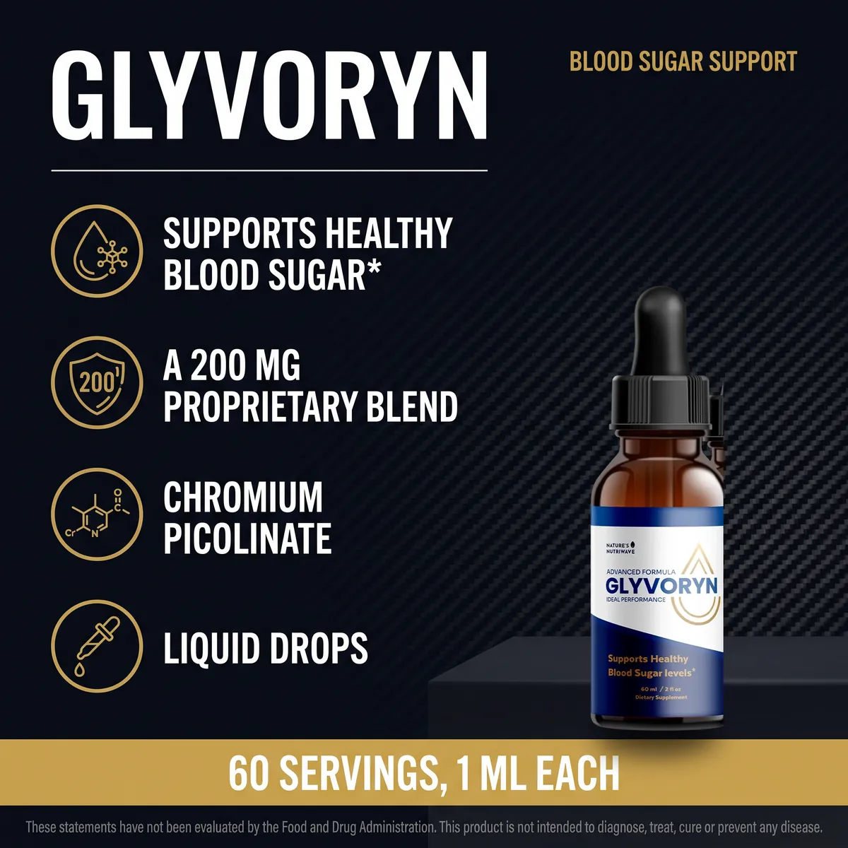 Glyvoryn liquid drops supporting healthy blood sugar with a 200 mg proprietary blend