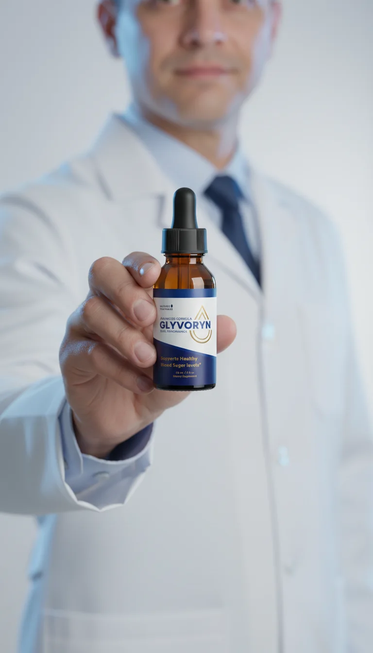 Health professional in a white coat holding a bottle of Glyvoryn blood sugar drops