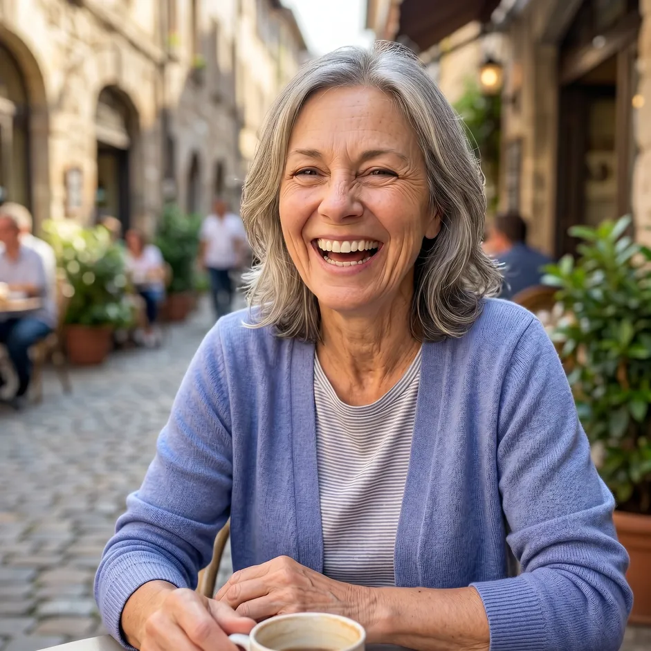 Smiling woman enjoying a coffee at an outdoor cafe