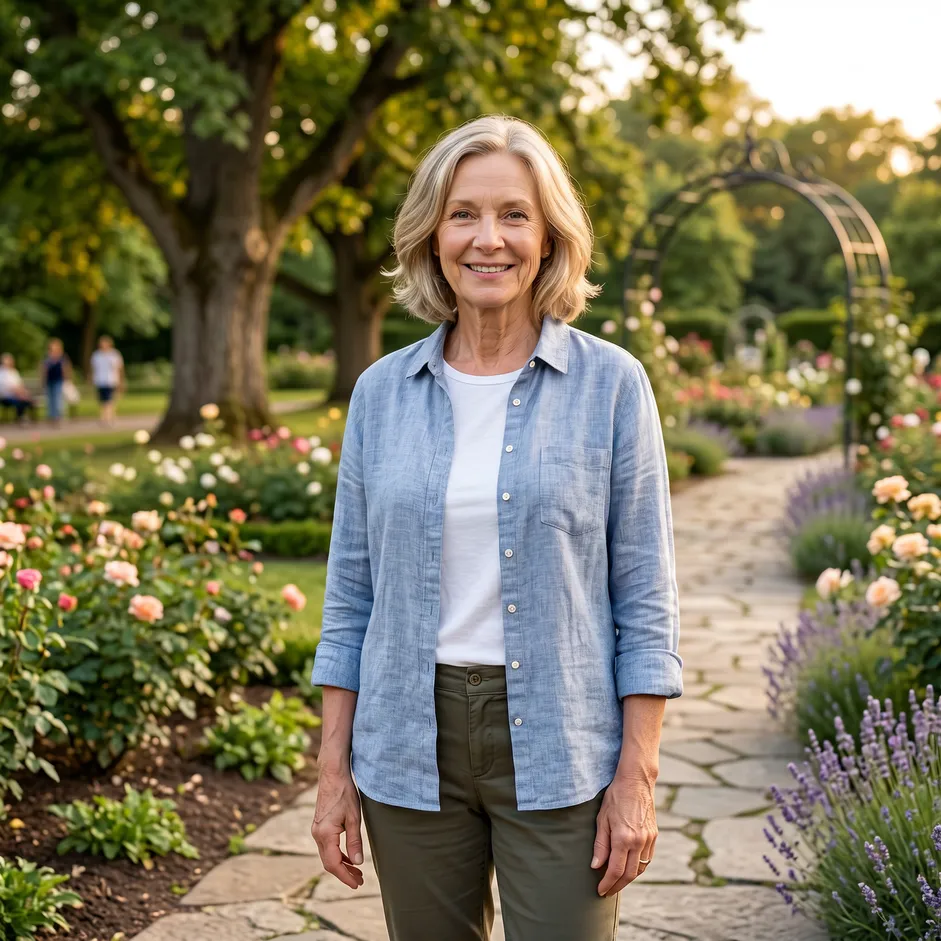 Woman smiling on a walk through a flower garden
