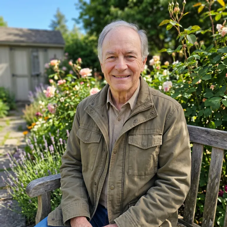 Older man relaxing on a garden bench