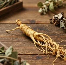 Panax ginseng root on a wooden surface